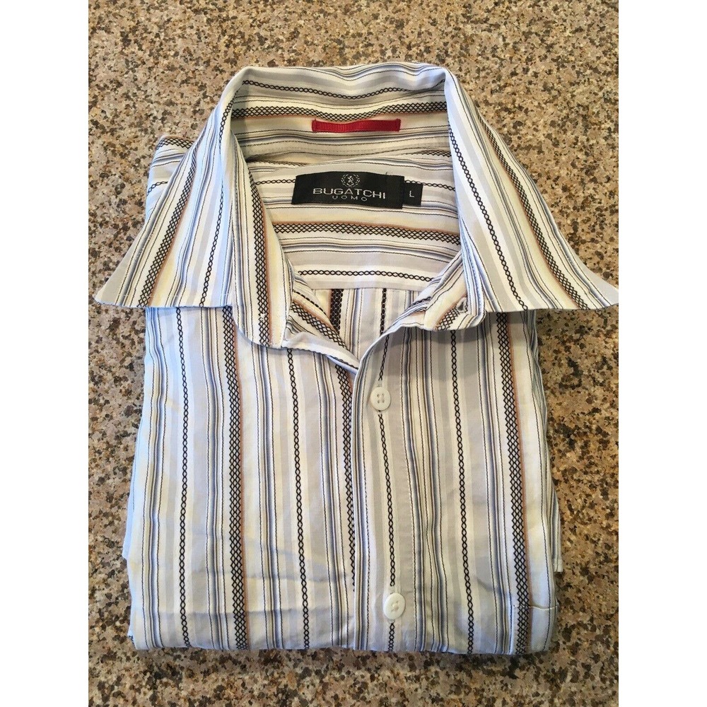 Bugatchi Uomo Button Up Shirt Mens Large White Long Sleeve Striped Cotton Casual